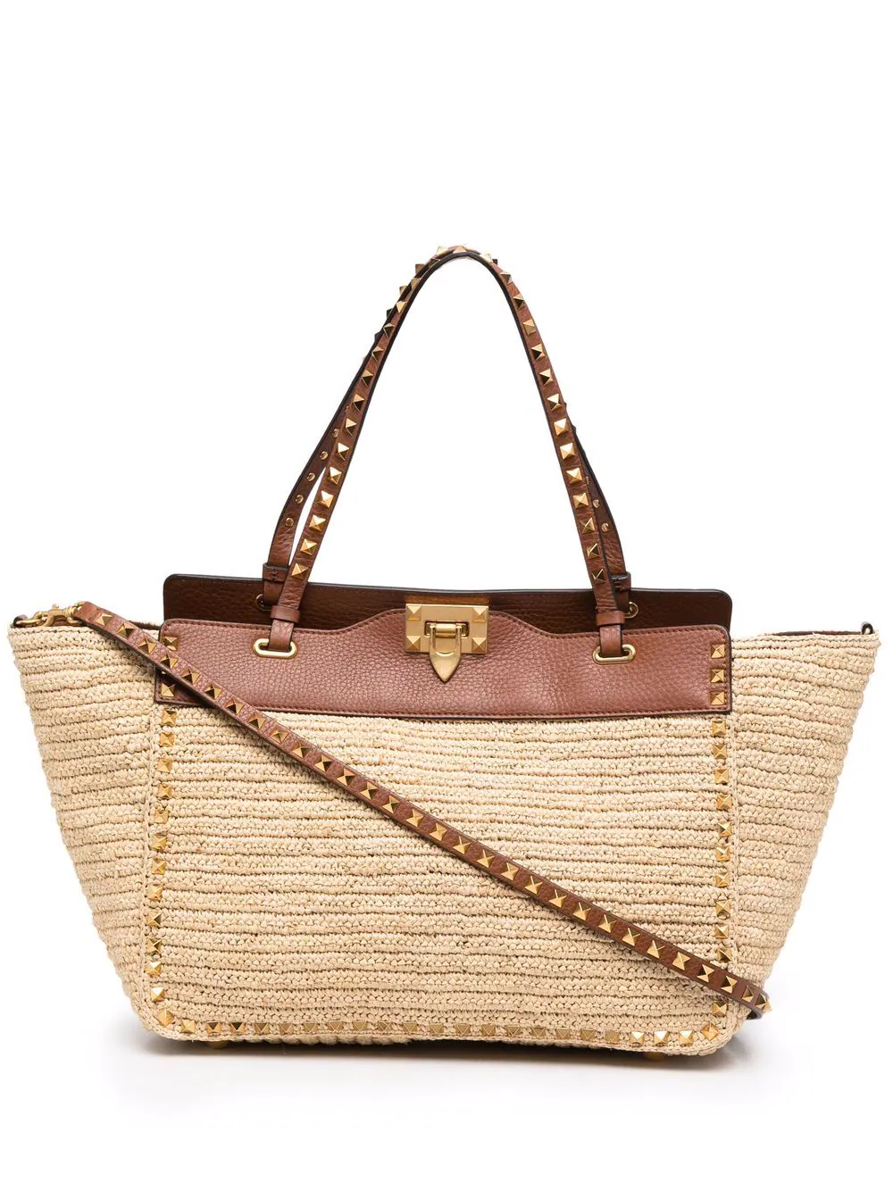 トートバッグ Valentino Garavani Embroidered Raffia Rockstud Shopping Bag Valentino Garavani Rockstud Embroidered Shopping Bag In