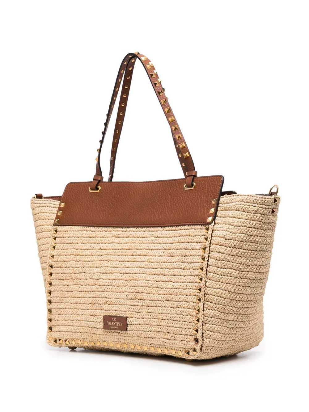 トートバッグ Valentino Garavani Embroidered Raffia Rockstud Shopping Bag Valentino Garavani Rockstud Embroidered Shopping Bag In