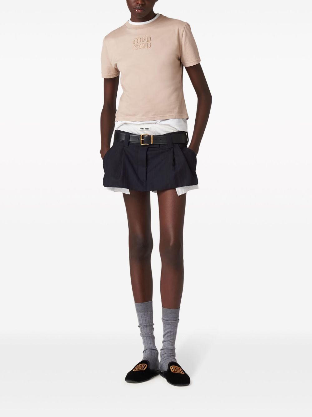 Miu Miu logo-embroidered cotton T-shirt - Neutrals za 2 796