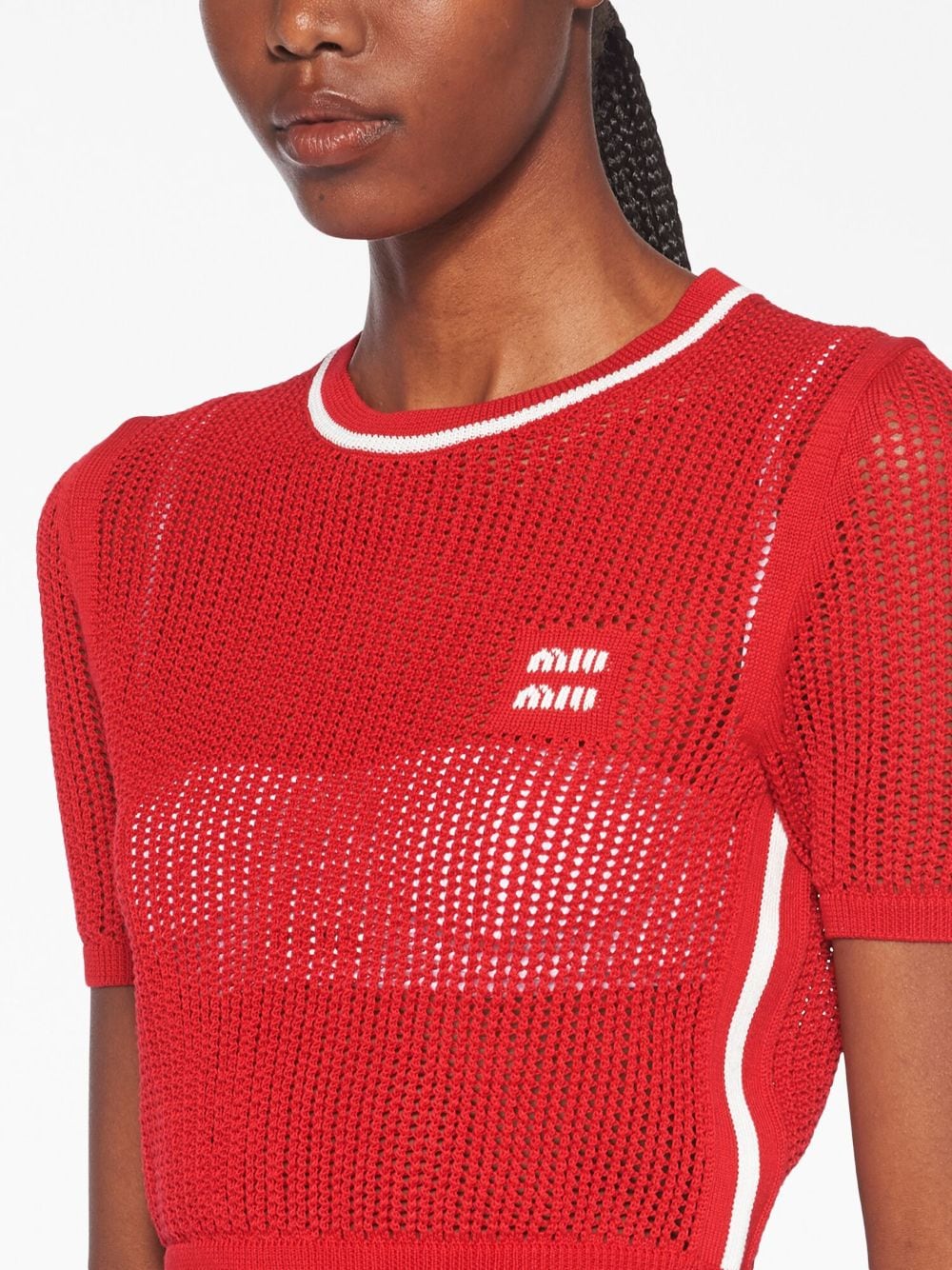 Miu Miu logo-intarsia open-knit crop top - Red za 3 912,00 PLN na